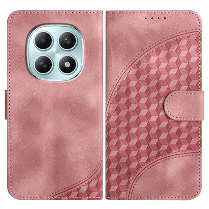 Pink leather phone case with embossed geometric back, flip cover and card slot.