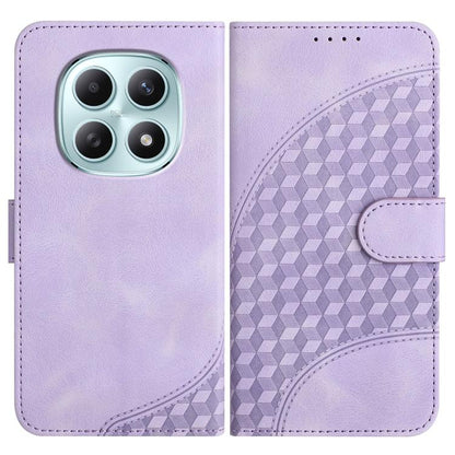 Light purple leather phone case with embossed geometric back, flip cover and card slot.