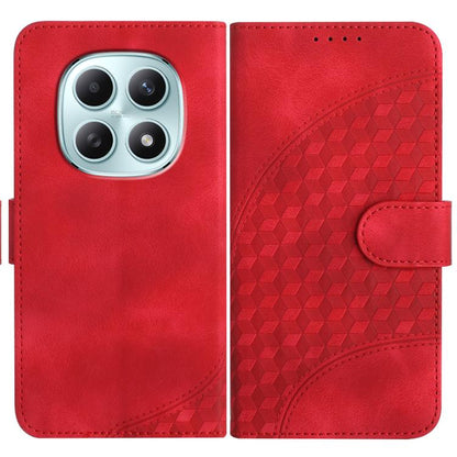 Red leather phone case with embossed geometric back, flip cover and card slot.