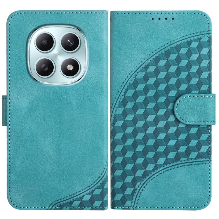 Light blue leather phone case with embossed geometric back, flip cover and card slot.
