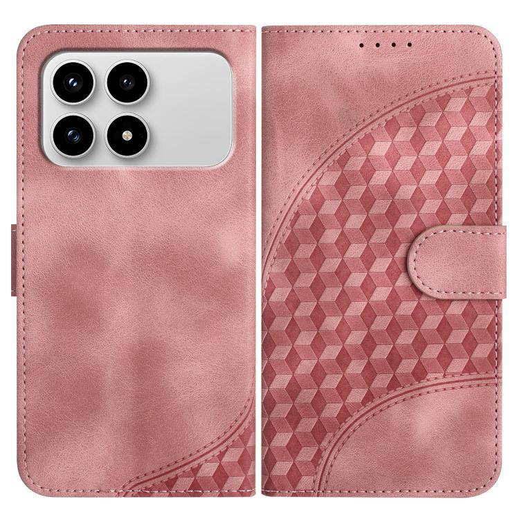 Rose pink leather phone wallet case with geometric textured flip cover and camera cutout