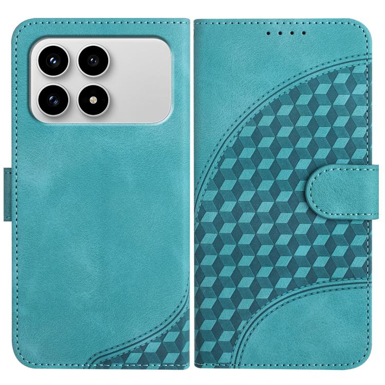 Teal leather wallet phone case with geometric embossed pattern and side strap