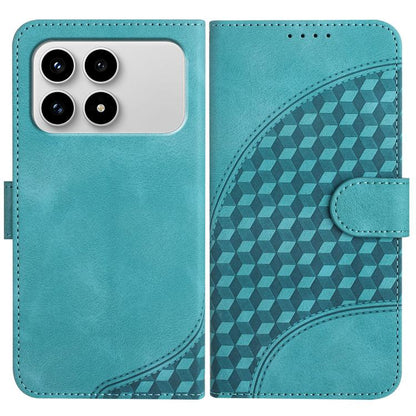 Teal leather wallet phone case with geometric embossed pattern and side strap