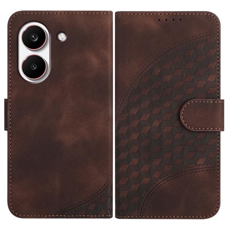 Brown folio phone case with geometric embossed pattern and side magnetic strap