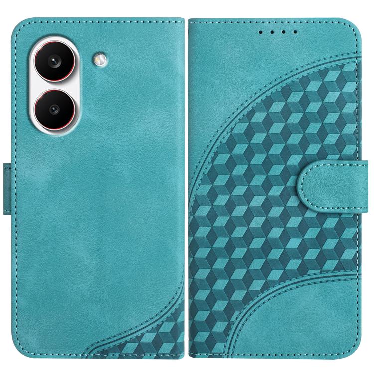 Teal folio phone case with geometric embossed pattern and side magnetic strap