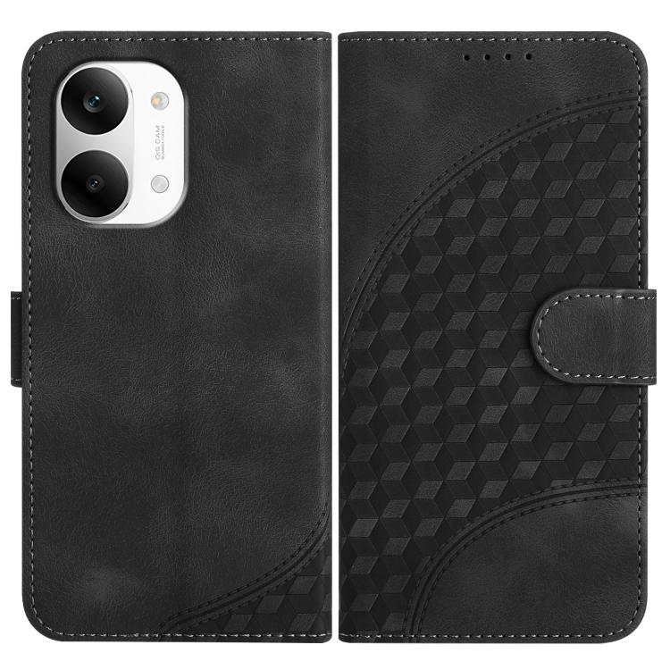 Black leather-style phone case with geometric cube pattern and side card slot