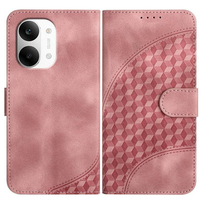 Pink leather-style phone case with geometric cube pattern and side card slot