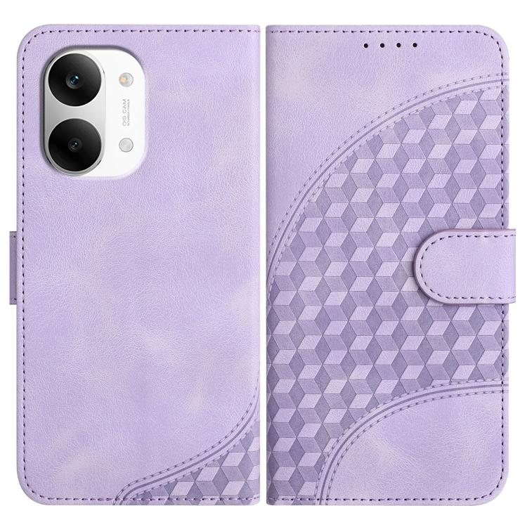 Lavender leather-style phone case with geometric pattern and side card slot