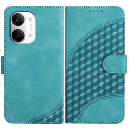 Blue folio phone case with geometric embossed pattern and side magnetic strap