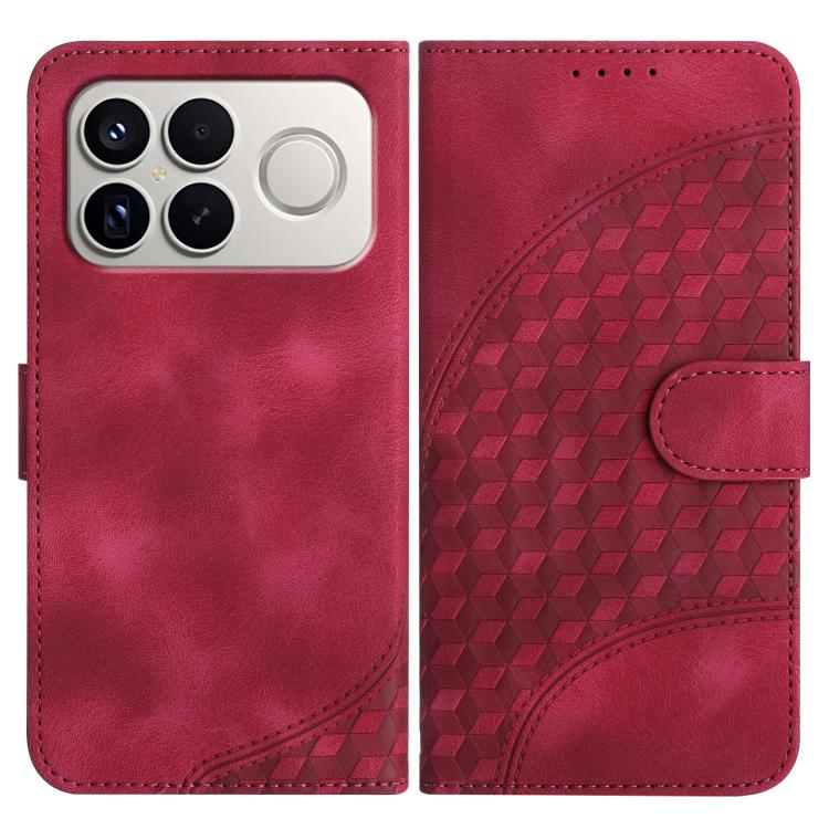 Rose red leather phone case with embossed geometric back, flip cover and card slot.