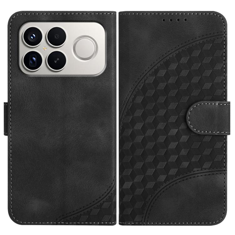 Black leather phone case with embossed geometric back, flip cover and card slot.