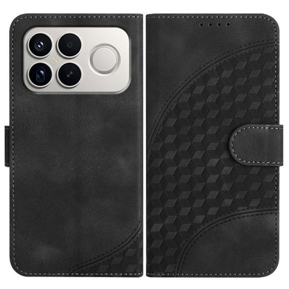 Black leather phone case with embossed geometric back, flip cover and card slot.