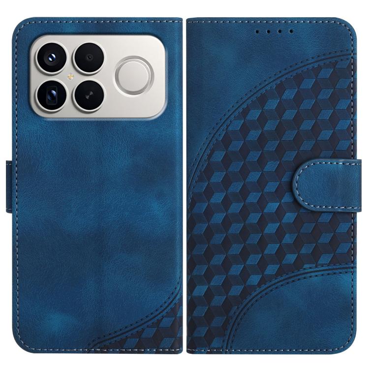 Blue leather phone wallet case with geometric pattern flip cover and camera cutout