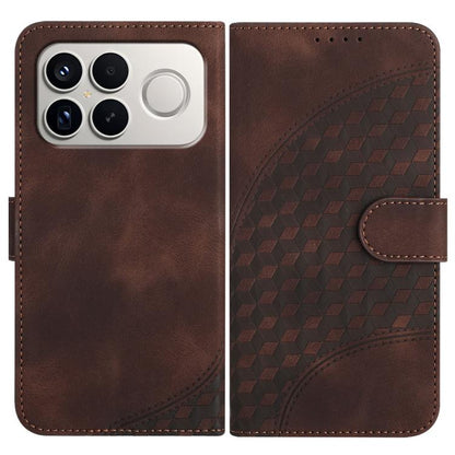 Brown leather phone wallet case with geometric textured flip cover and camera cutout