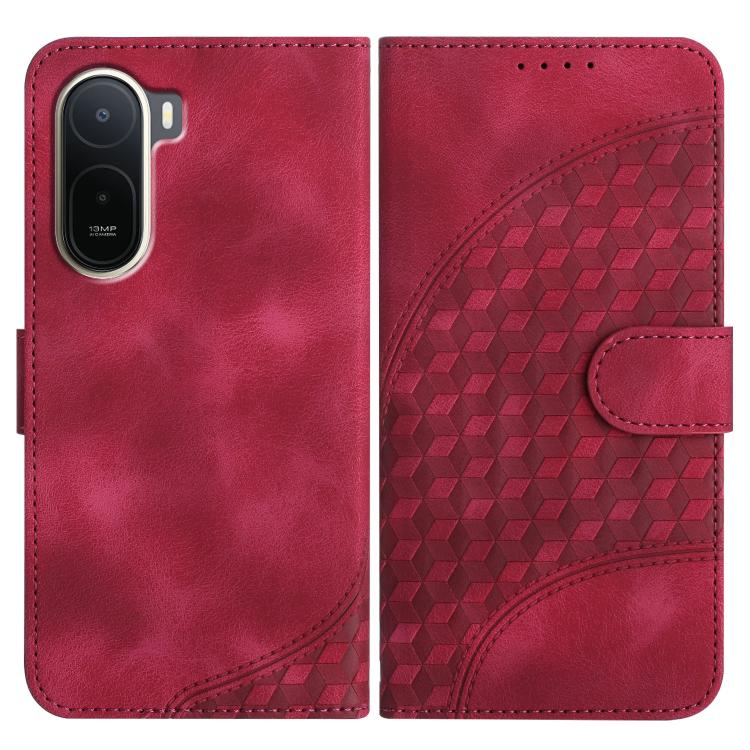 Rose red leather wallet phone case with embossed geometric pattern and flip cover