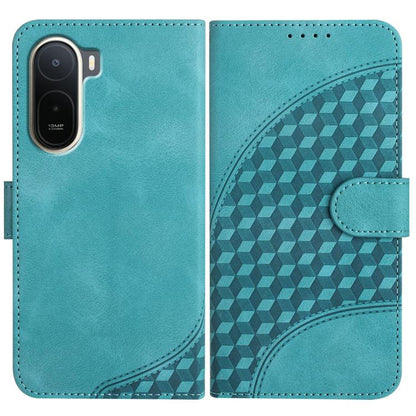 Teal leather-style phone case with geometric cube pattern and side card slot