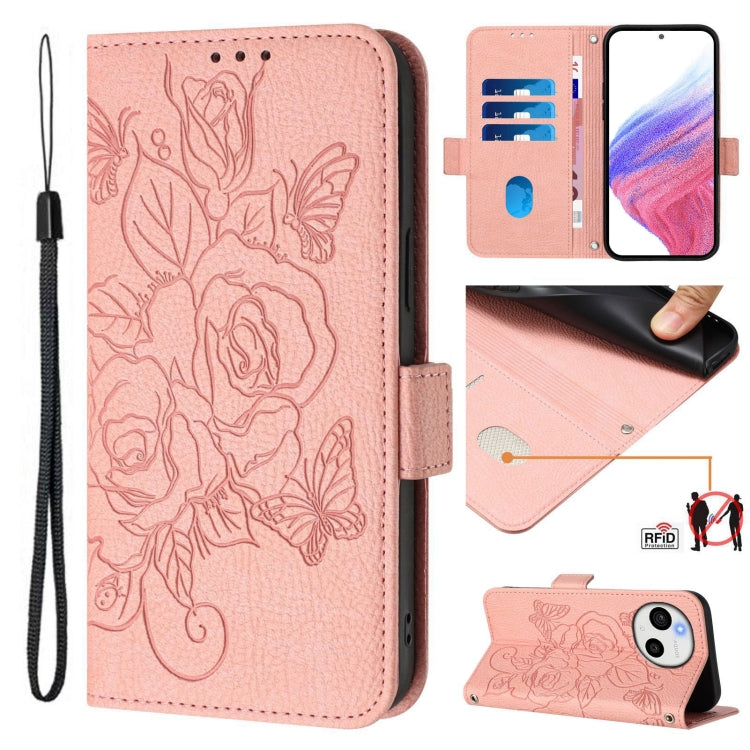 Pink embossed rose floral leather phone case with wrist strap and flip cover