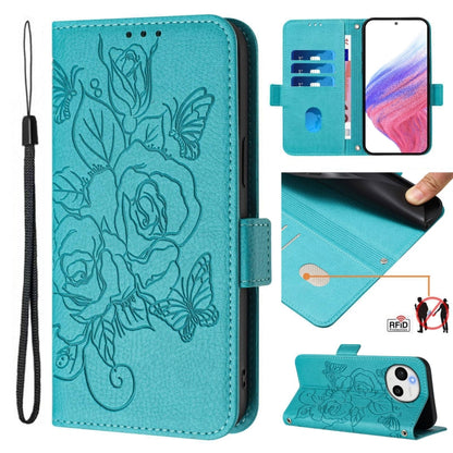 Light blue embossed rose floral leather phone case shown in standing flip-cover view