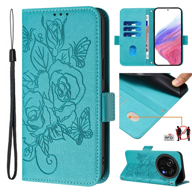 Teal embossed rose RFID phone case with wrist strap, flip wallet cover.