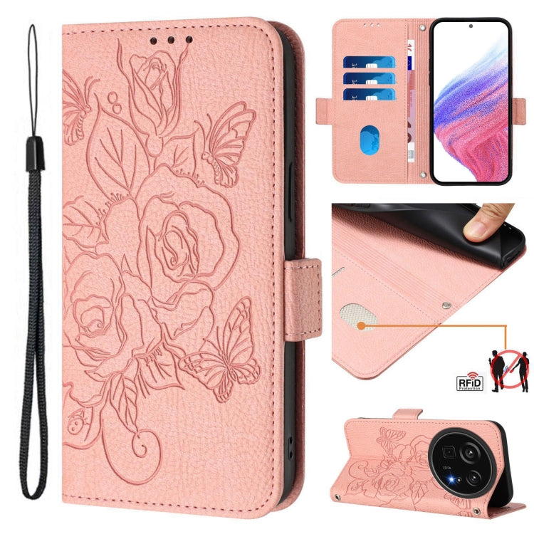 Blush pink embossed rose RFID phone case with wrist strap and flip wallet cover.