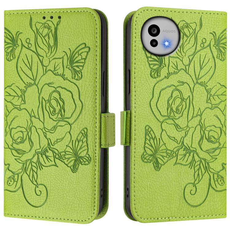 Green embossed rose leather phone case front and back view, flip cover with strap