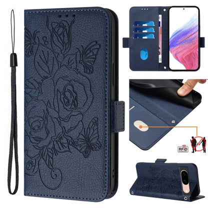 RFID embossed rose leather phone case, navy blue, with wrist strap