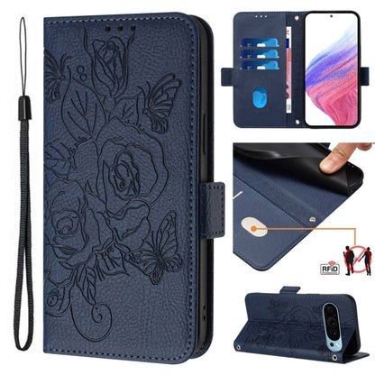 Embossed rose RFID leather phone case in dark blue with wrist strap and card slots