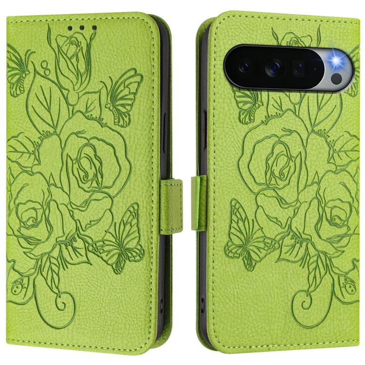 Green embossed rose leather phone folio case, showing front and back with cutouts