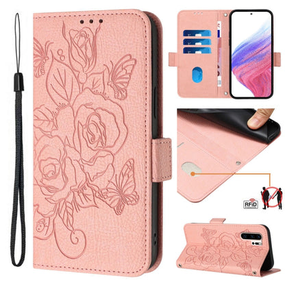 Pink embossed rose leather folio phone case with RFID, card slots, and wrist strap.