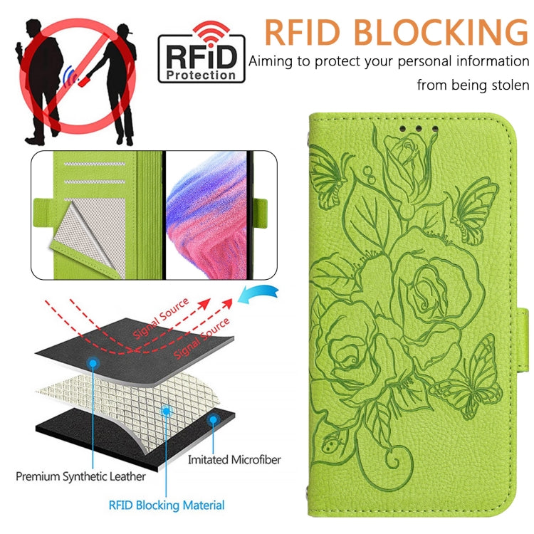 Green embossed floral RFID blocking phone wallet case with synthetic leather lining