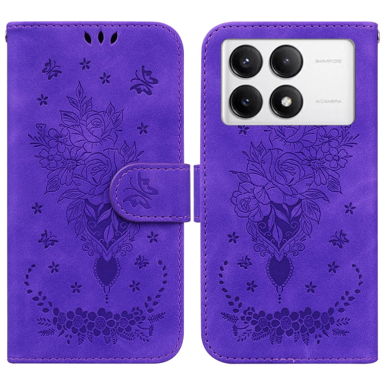 Butterfly Rose Embossed Leather Phone Case, For Redmi 14C 4G, For Redmi 13 4G, For Redmi K70 / K70 Pro