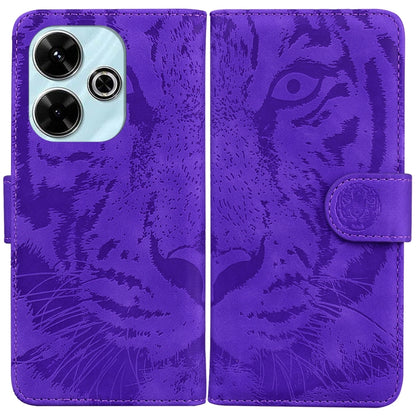 Purple tiger embossed flip phone case with magnetic strap and cutout for cameras