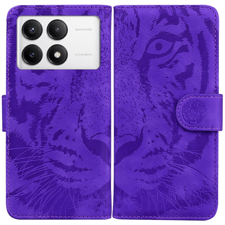 Purple tiger-embossed leather flip phone case with magnetic clasp