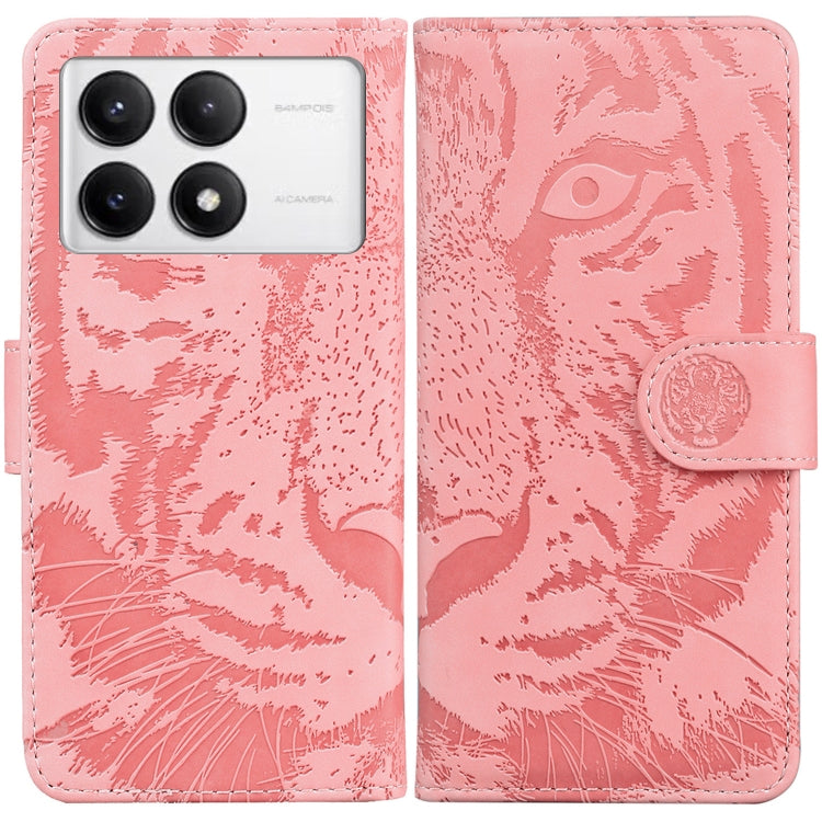 Pink tiger-embossed leather flip phone case, front and back view