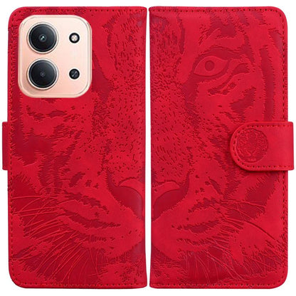 Red tiger-embossed flip leather phone case with magnetic strap and camera cutout