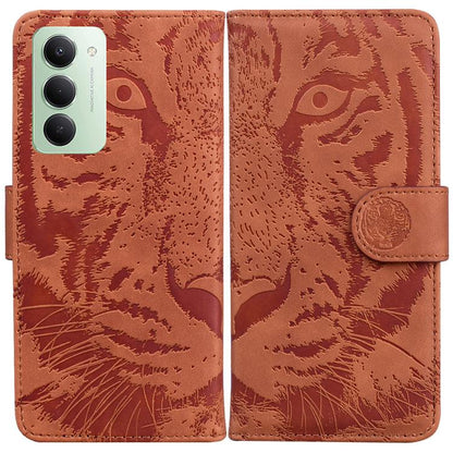 Brown flip leather phone case with tiger face embossing and round magnetic clasp