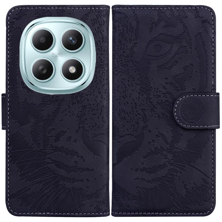 Tiger embossing flip leather phone case in dark navy with front snap closure.
