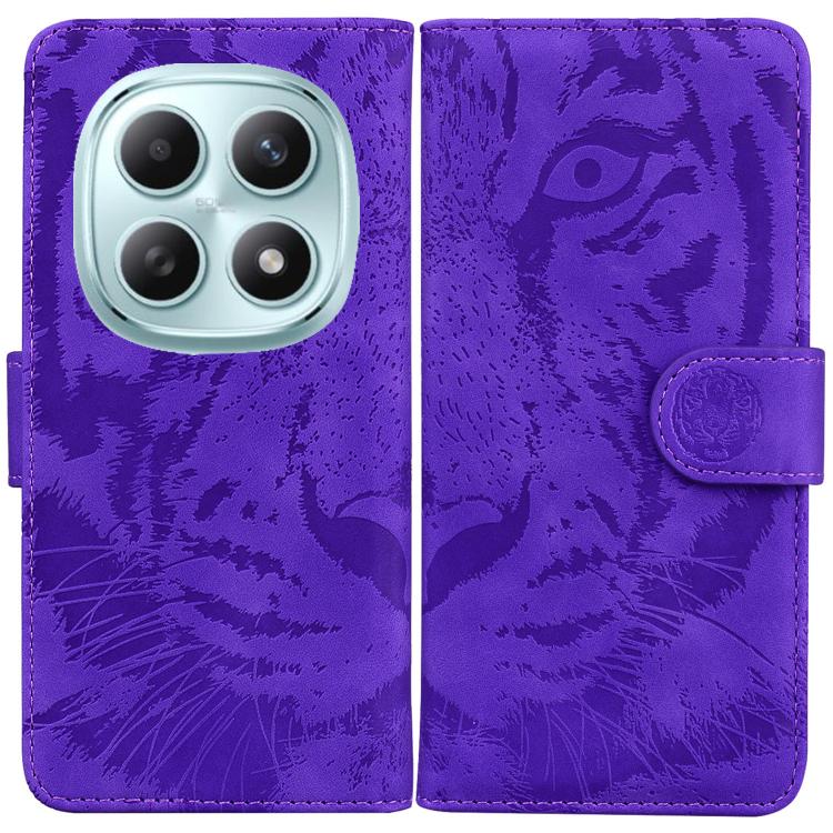 Purple tiger-emboss flip phone case with circular clasp and side card slot on the cover.