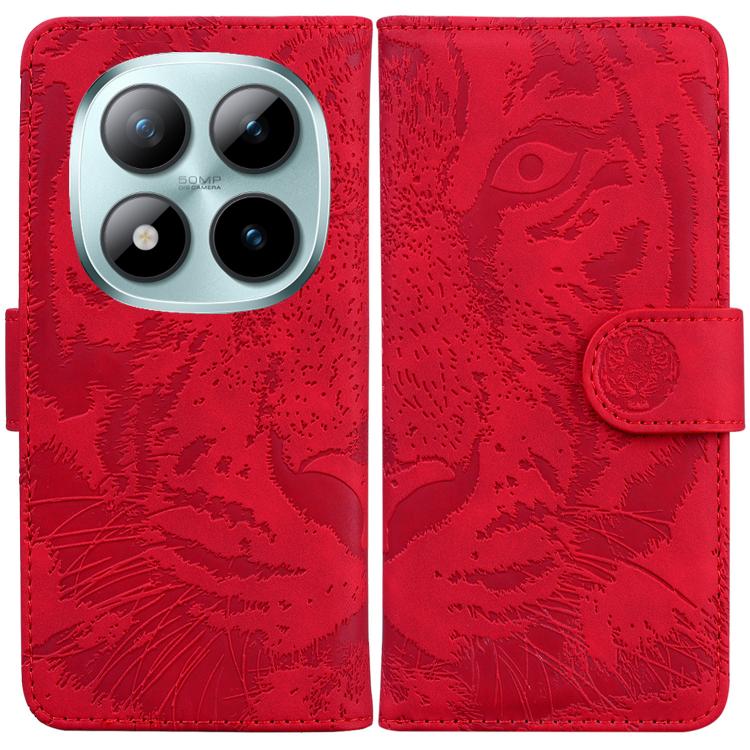 Red tiger-emboss flip phone case with circular clasp and card slot on the front flap.