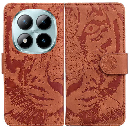 Tiger embossing flip leather phone case in brown with front snap closure.