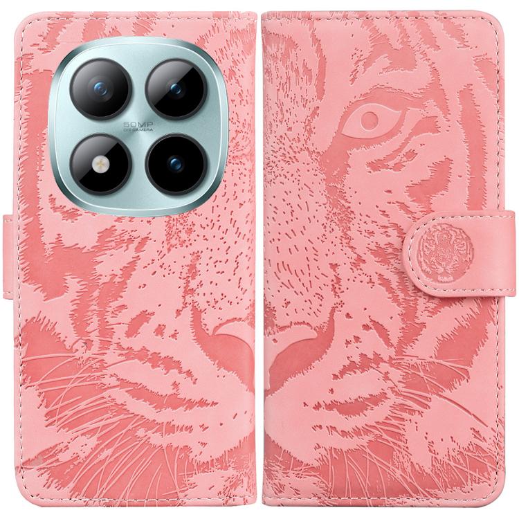Tiger embossing flip leather phone case in pink with side snap strap.