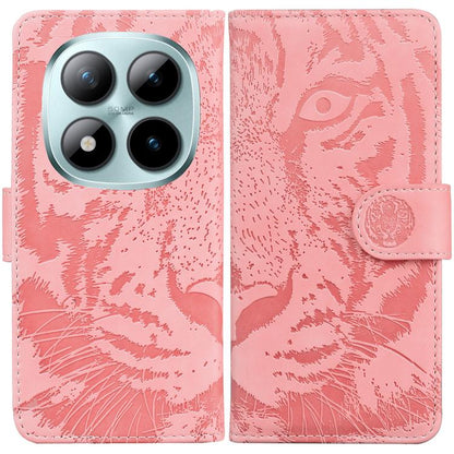 Tiger embossing flip leather phone case in pink with side snap strap.