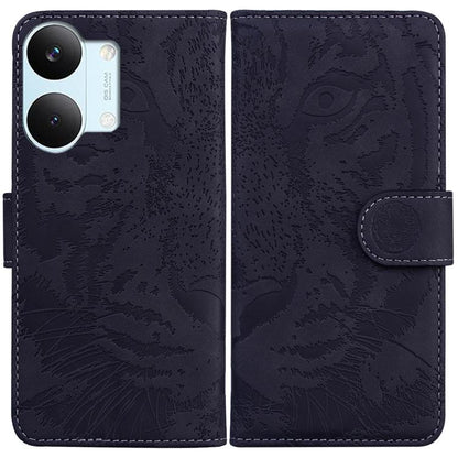 Tiger-embossing leather flip phone case in black with magnetic clasp and camera cutouts