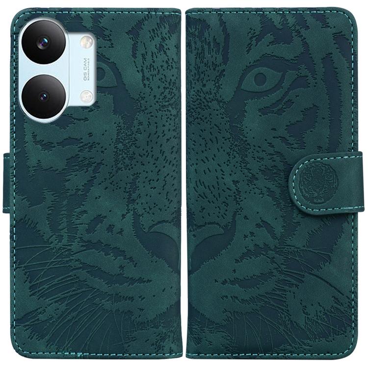 Teal tiger-embossed leather wallet phone case with foldover flap and snap button