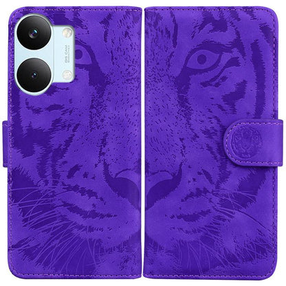 Purple tiger-embossed leather wallet phone case with foldover flap and button closure