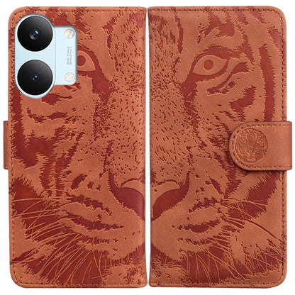 Brown tiger-embossed leather wallet phone case with foldover flap and round button