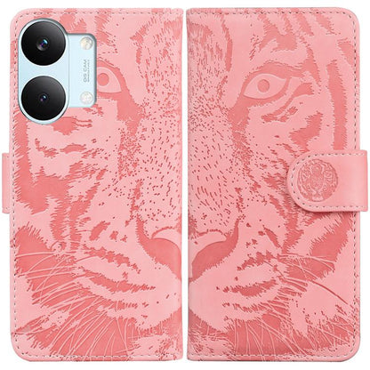 Pink tiger-embossed leather wallet phone case with foldover flap and snap button