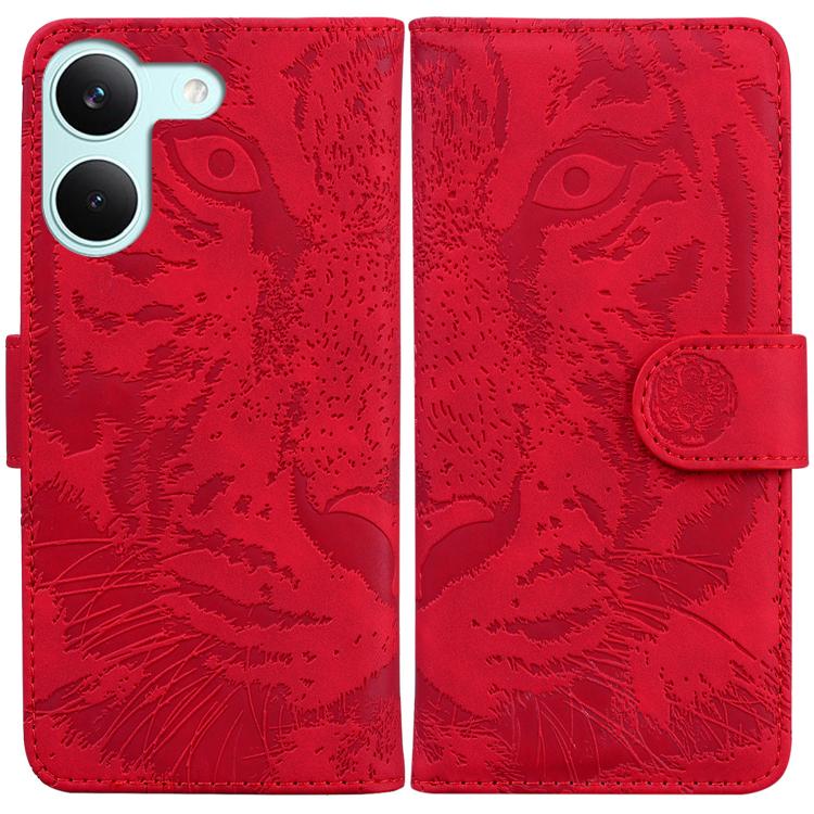 Red tiger-embossed leather wallet phone case with foldover flap and button strap