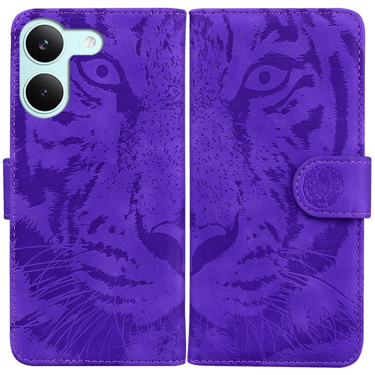Purple tiger-embossed leather wallet phone case with foldover flap and button closure