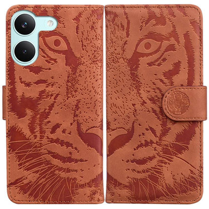 Brown tiger-embossed leather wallet phone case with foldover flap and round button